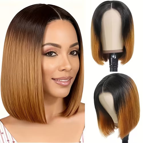 Fashionable 12-Inch Black to Yellow Ombre Women's Bob Wig